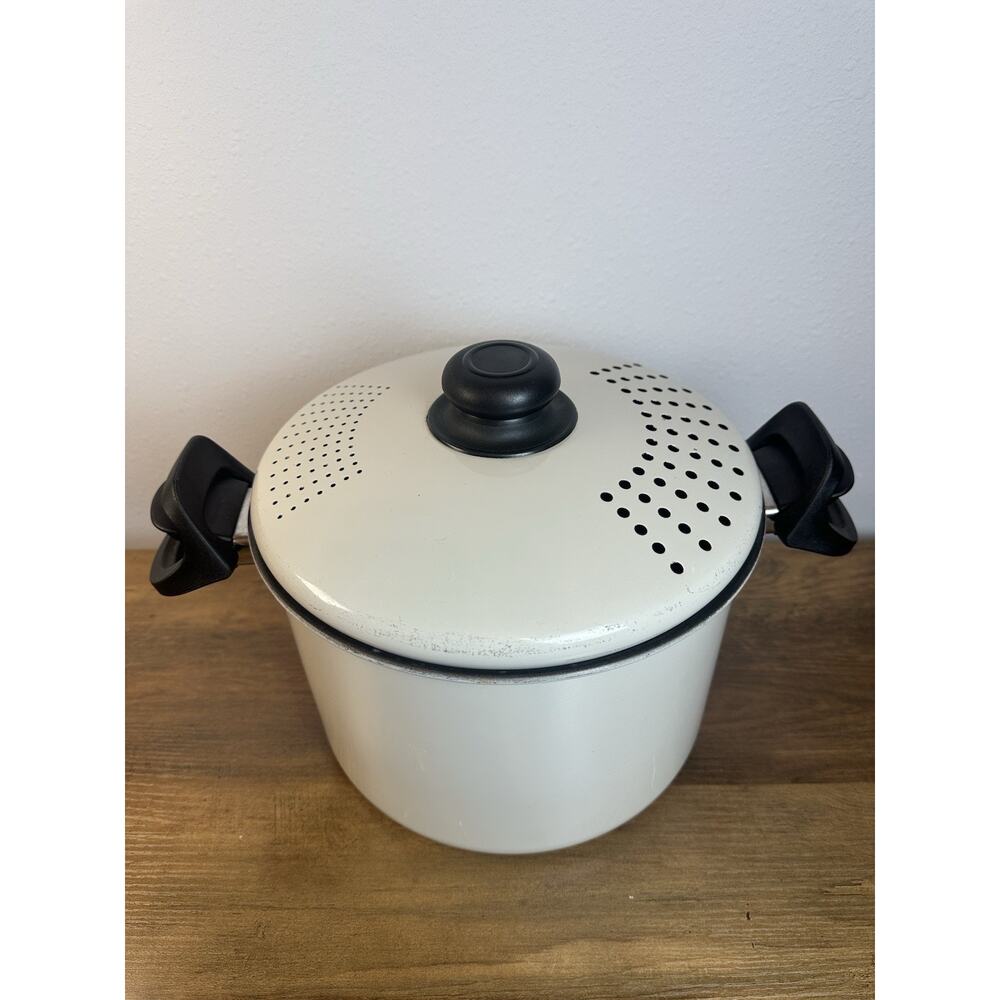 Vintage Enameled Pasta Pot Enamel Cooking With Strainers In Lid White